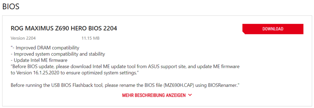 ASUS Z690 Hero Bios Update Informationen von ASUS Webseite